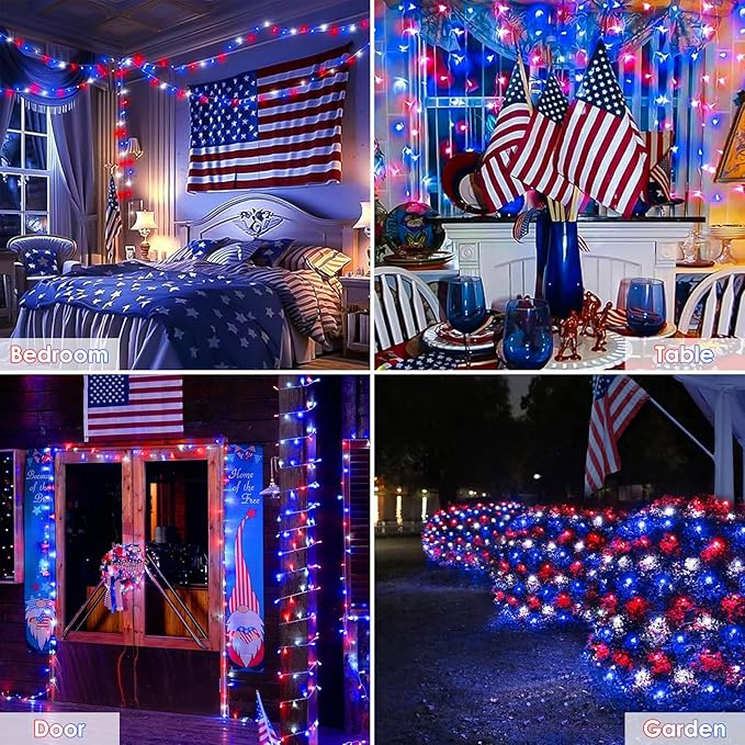 KAQ Connectable 240LED Red White & Blue String Lights Outdoor/Indoor, Extendable Plug in Twinkle Fairy Lights Waterproof with 8 Modes&Timer Function for Garden Bedroom Tree Christmas Decorations