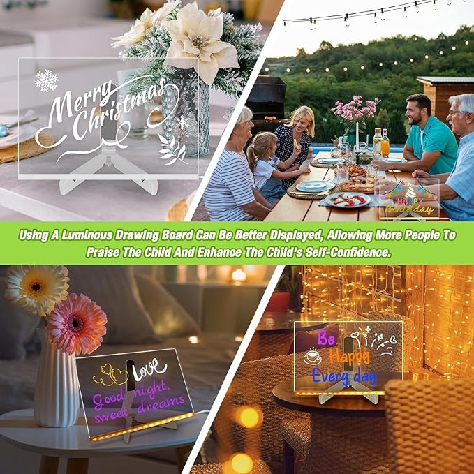 LED Note Board with Colors 11.8 X 7.9”, Acrylic Dry Erase Board with Light, Led Drawing Writing Board for Kids with 7 Marker Pen, Light up Message Board with Stand, Glow Rewritable Memo Board Write On