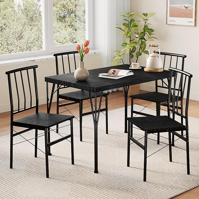 Kitchen Dining Table Set for 4, 5-Piece Kitchen Table Set with 1.6“ Thick Tabletop,Dining Room Table Sets,Kitchen Table Set with 4 Chairs for Small Space, Dinette,Apartment,Retro Black
