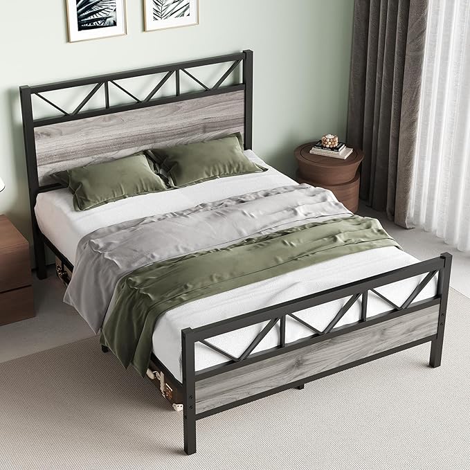 Bed Frame Queen Size, Queen Bed Frames with 51.2" Tall Industrial Headboard, Queen Platform Bed Frame with Strong Steel Slats Support, Noise Free, No Box Spring Needed, Easy Assembly, Rustic Brown