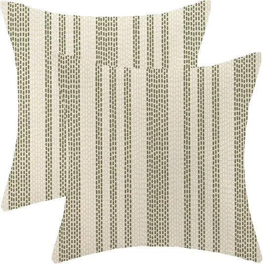 Boho Pillow Covers 18x18 Pack of 2 Sage Green Polka Dot Stripes Throw Pillow Covers Bohemian Abstract Modern Decorative Pillowcase Farmhouse Linen Cushion Case for Home Sofa,Outdoor Decoration