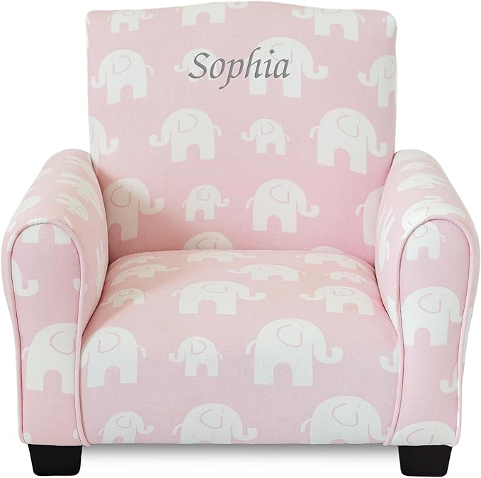 Toddler Personalized Armchair, Kids Upholstered Rocking Chair with Personalization, Toddler Chair with Personalized Name, Comfy Child Armchair, (Pink Elephants Print, Legs)