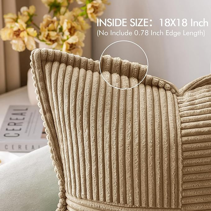 MIULEE Decorative Euro Sham Throw Pillow Covers for Couch Bed Livingroom 22x22 Inch Set of 2 Khaki Boho Accent Throw Pllows Broadside Striped Patchwork Soft Corduroy Pillowcases