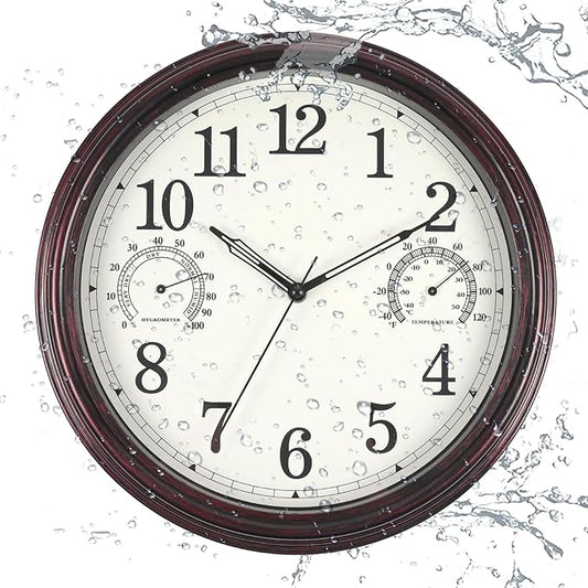 14 inch Outdoor Wall Clock, Plastic Waterproof Outdoor Clock with Temperature & Humidity, Water Resistant Wall Clocks for Patio Garden, Dark Brown