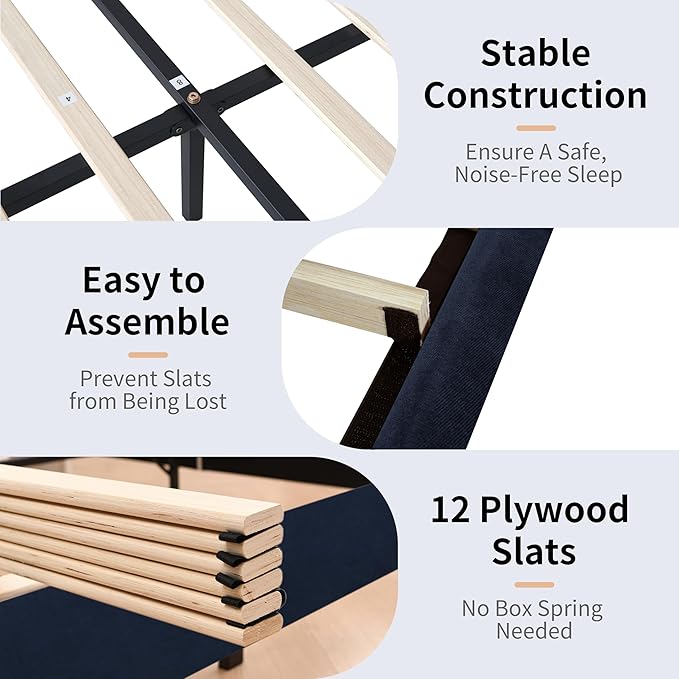 King Size Upholstered Platform Bed Frame with Modern Wingback & Vertical Panel Headboard, Linen Fabric, Wooden Legs & Slats Support, No Box Spring Needed, Noise-Free & Easy Assembly, Dark Blue