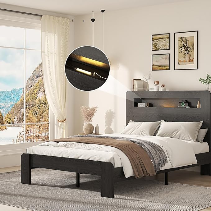 Wooden Bed Frame Full Size with Storage Headboard - Farmhouse Platform Bed Frame with Bookcase Shelf & Led Lights, Sturdy Wood Slat Framework Bed Frame (Black LED)