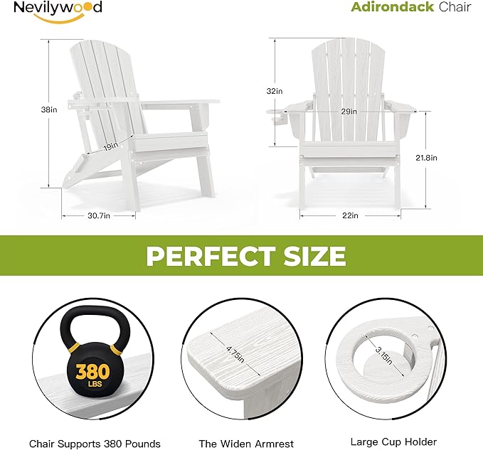 nevilywood Folding Adirondack Chair, Ergonomic Extended Backrest, HDPE All-Weather, 380lbs Capacity, Maintenance-Free, Cup Holder, （White）- Outdoor Patio & Firepit Chair