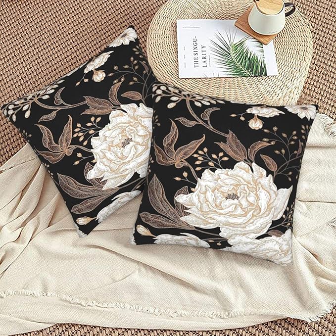 Vintage Peony Roses Floral Plant Throw Pillow Covers Set of 2 Chinoiserie White Flower Leaves Pillowcases Cushion Case Square for Soft Home Decor Bed Couch Car Living Room 18x18 Inch