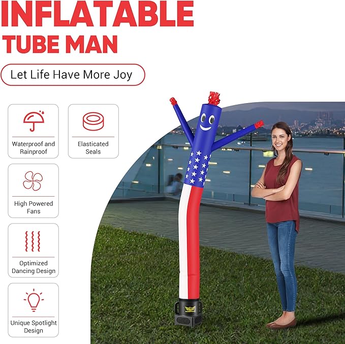 7FT Air Inflatable Waving Tube Man Set with Blower & Wheel, Air Puppet Dance Artist for Mall Opening, Amusement Park, Outdoor Decoration，Flag