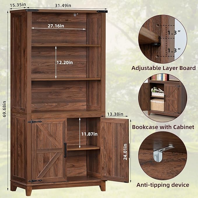 70in Tall Bookshelf 5 Tier Bookcase with Barn Doors and Adjustable Shelves, Brown Farmhouse Book Shelf with Storage Cabinet, Wood Freestanding Display Bookshelves for Bedroom, Kitchen (3PCS)