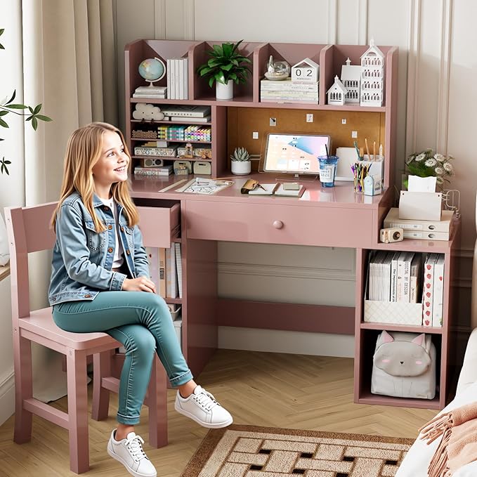 Pink Wooden Kids Desk and Chair Set,Kids Study Table and Chair Set with 4 Storage Open Shelves,Kids Study Desk with 2 Drawers & 4 Cabinet,Girls Study Desks for Kid with Hutch for Bedroom-Jcp9pn