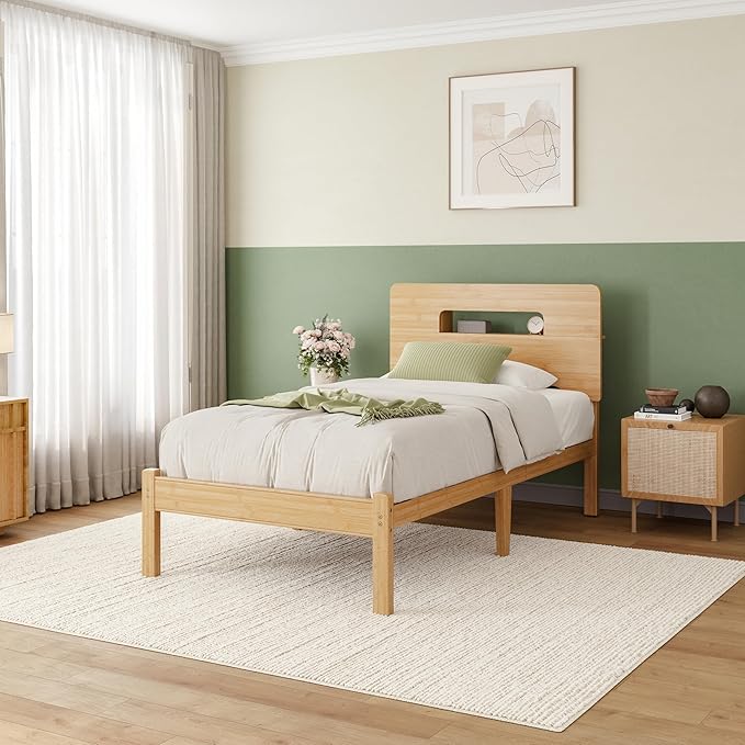 ZIYOO Solid Bamboo Wood Twin XL Bed Frame with Storage Headboard, 14 inch Platform Twin XL Bed Frames No Box Spring Needed with Steel Slats, Sturdy and Stable, Easy Assembly, Noise Free