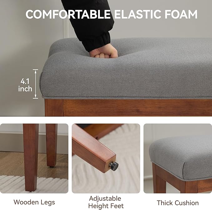 43.5'' Linen Bedroom Bench, Upholstered End of Bed Bench, Padded Vintage Dining Bench, Entryway Bench with Solid Wood Legs, Kitchen, Living Room, Hallway, Light Grey