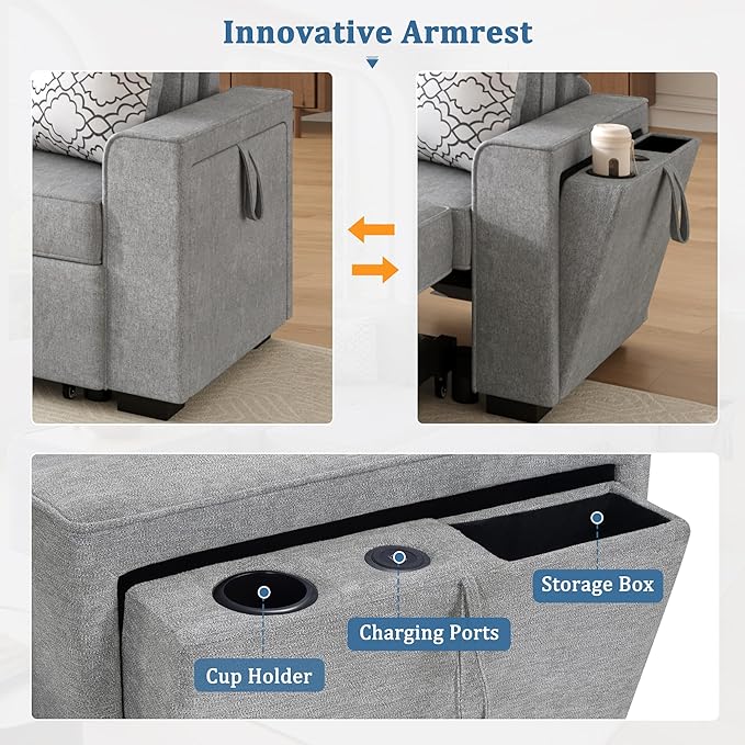 Ball & Cast Convertible Sleeper Sofa Bed,Chenille L Shaped Pull Out Couch Bed with Flip-Top Table,USB Ports & Hidden Cup Holders,Corner Sectional Sofa Couches for Living Room,Light Gray