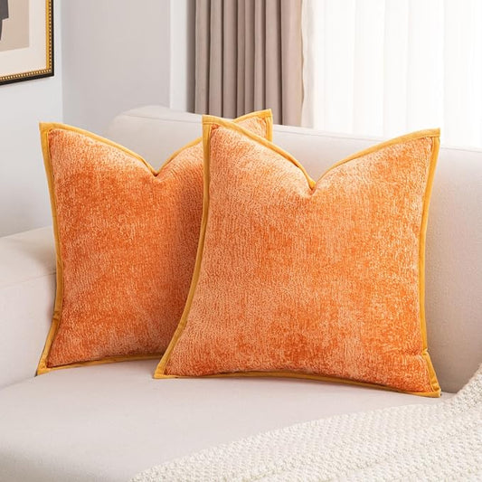 FUTEI Orange Chenille Throw Pillow Covers 20x20 Inch Set of 2,Soft Cozy Bound Edge Design Cushion Case,Home Decor for Couch Bed Living Room