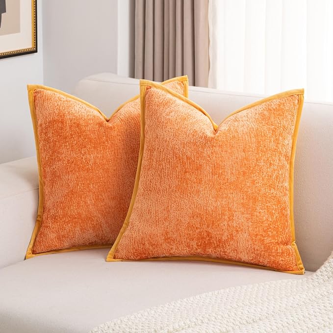 FUTEI Orange Chenille Throw Pillow Covers 26x26 Inch Set of 2,Soft Cozy Bound Edge Design Euro Pillow Sham,Home Decor for Couch Bed Living Room