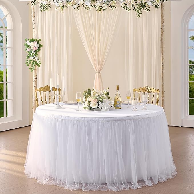 Suppromo 6ft White Tulle Table Skirt for Rectangle Tables or Round Tables Tutu Table Skirt White Ruffle Table Cloths for Wedding Bridal Shower Birthday Party Desk Skirt Decorations