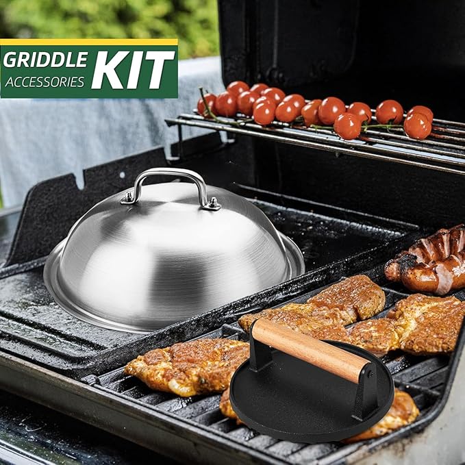 12 Inch Melting Dome with Round Cast Iron Smash Burger Press for Blackstone Griddle, Commercial Grade Heavy Duty Griddle Dome and Cast Iron Grill Burger Press for Flat Top Griddle Grill