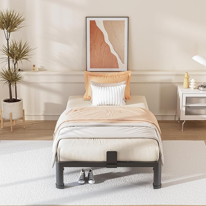 FUIOBYVV 6 Inch Twin XL Bed Frame with Rounded Corner and Headboard Hole Mattress Retainers 3500 LBS Metal Heavy Duty Steel Slats Support No Box Spring Needed Platform Noise Free Easy Assembly