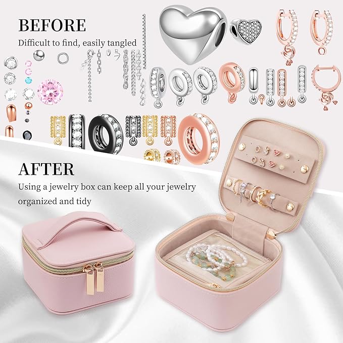 PU Leather Travel Jewelry Organizer Case with 4 Pouches & Handle, Anti-Tangle Storage Box for Necklace, Earrings, Rings, Compact Jewelry Box for Women Gift (Pink)