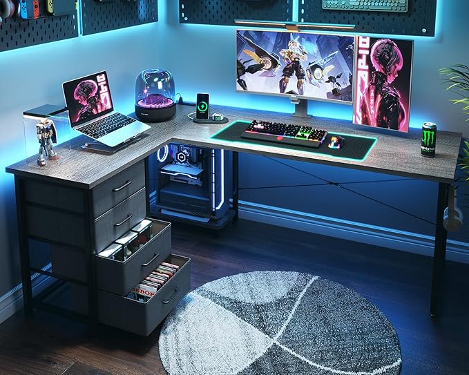 ODK 61'' L Shaped Desk with 4 Drawers, Reversible Corner Desk with Storage, Gaming Table with Power Outlets, USB Ports, PC Case Shelf, Computer Desk for Home Office, Study, Easy Assembly, Gray Oak