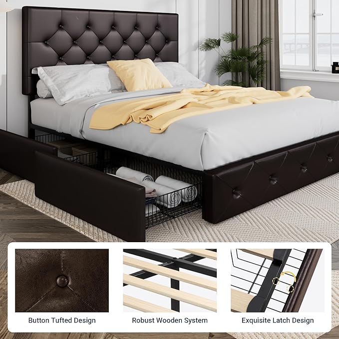 Allewie Upholstered Queen Size Platform Bed Frame with 4 Storage Drawers and Headboard, Diamond Stitched Button Tufted, Mattress Foundation with Wooden Slats Support, No Box Spring Needed, Black Brown