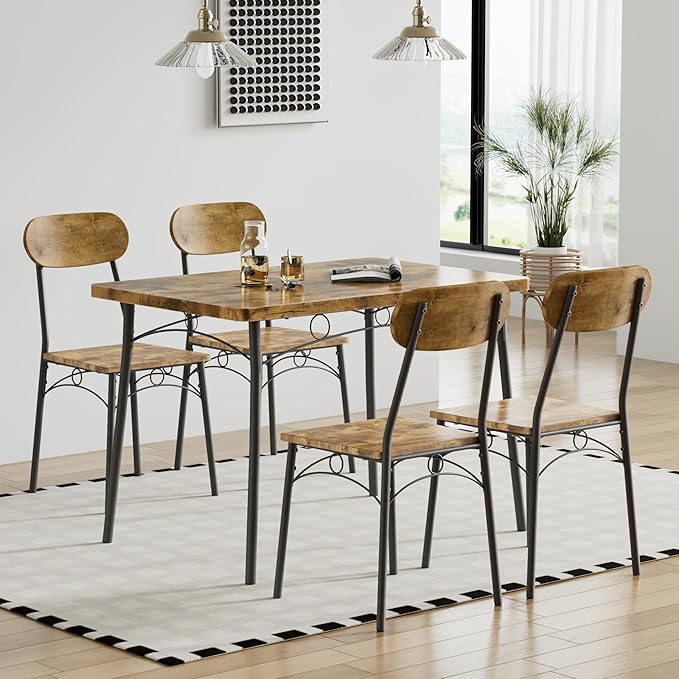 VECELO Dining Table Set for 4, 5-Piece Kitchen Table with 4 Chairs, MDF Board Tabletop with Metal Frame for Small Space, Compact Dinette, Breakfast Nook, Brown