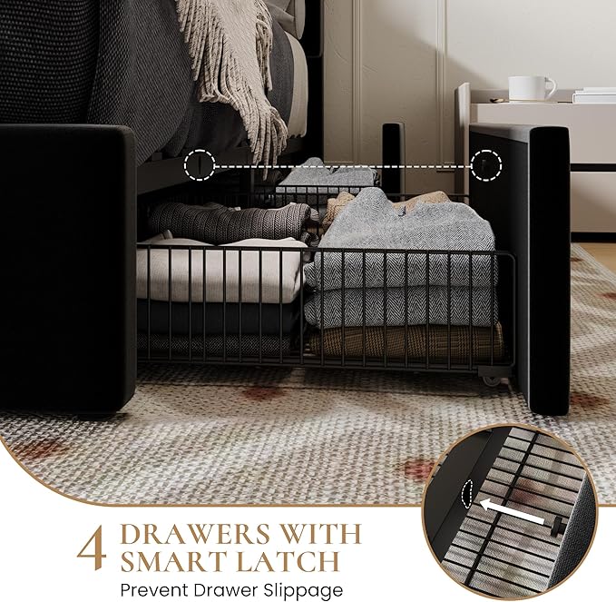 SHA CERLIN Queen Size Platform Bed Frame with 4 Storage Drawers, Vertical Channel Tufted Adjustable Headboard, Velvet Upholstered, Wooden Slats Support, No Box Spring Needed, Easy Assembly, Black