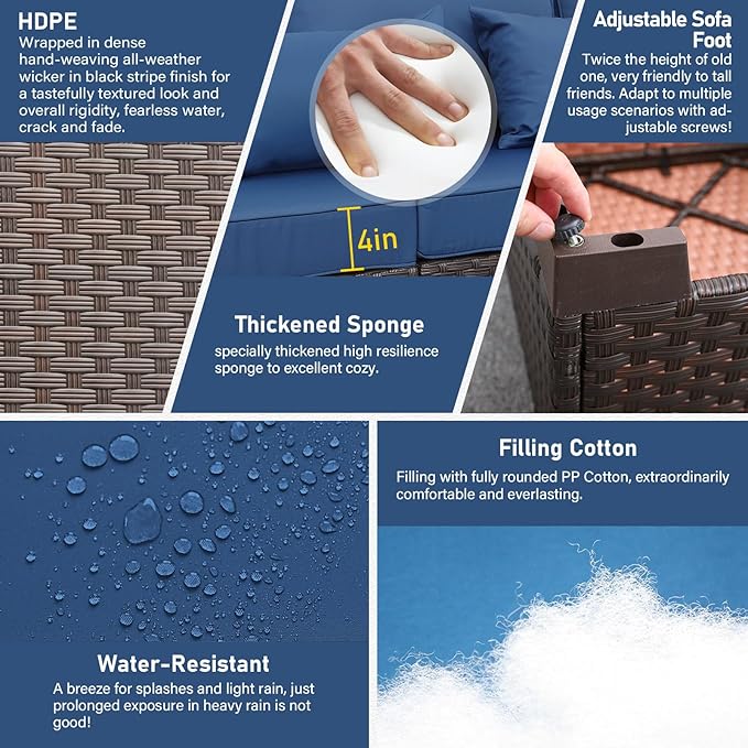 Outdoor Couch Wicker Patio Furniture 3-seat Sofa Outdoor Furniture Deep Seat Hight Backrest Waterproof Cover Non-Slip Cushions, Navy Blue