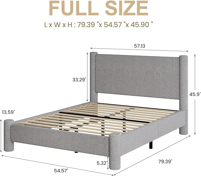 Full Size Bed Frame, Boucle Upholstered Platform Bed with Headboard and Footboard, Soft Rounded Corners, No Box Spring Required, Easy Assembly, Light Grey