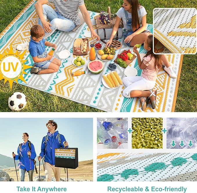 Lahome Waterproof Outdoor Rug 6x9, Reversible Outdoor Plastic Straw Rug for Camping, Large RV Outdoor Patio Rug, Outdoor Rugs Carpet for Porch Deck Backyard Balcony Picnic(Blue/Yellow,6'x 9')