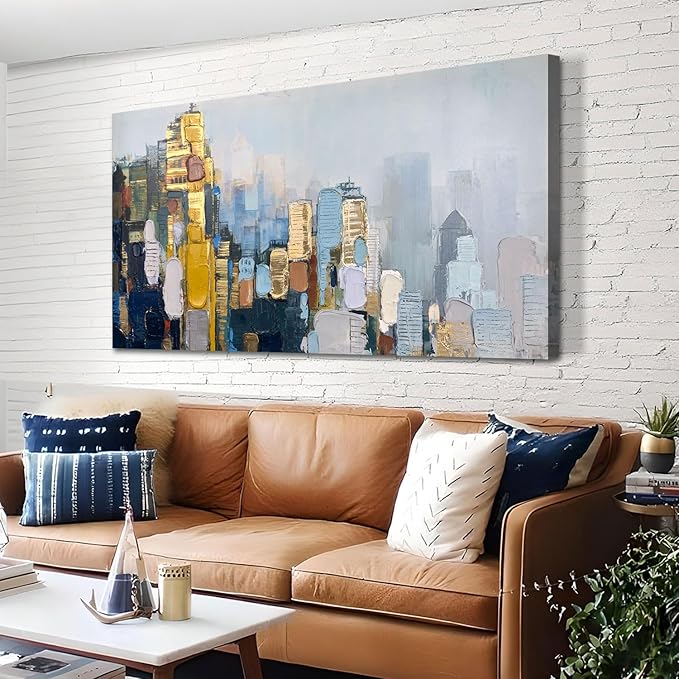 Arjun Abstract Wall Art 3D Textured Skyline Canvas Painting Gold Grey Colorful Modern Cityscape Metropolitan Picture City Artwork Framed Large for Living Room Bedroom Home Office Wall Decor, 48"x24"