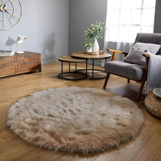 Latepis Round Rug 6.7ft Light Brown Beige Faux Fur Circle Rugs Washable Shag Fluffy Plush Rug for Living Room Bedroom Dorm Floor Sofa