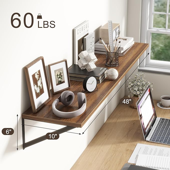 Floating Shelves 48 Inch Long, 10" Deep Floating Shelves, Walnut Wall Shelves 48 x 10, Set of 2, Wide Large Display Storage Shelves for Bathroom, Living Room, Rustic Wood Shelves with Brackets