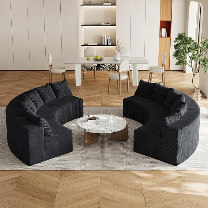 KEIKI 4 Seat Corduroy Curved Sectional Sofa, Symmetrical Modular Semi Circular Couch, Deep Seat Tufted Corner Sofa for Living Room, Lobby, Black