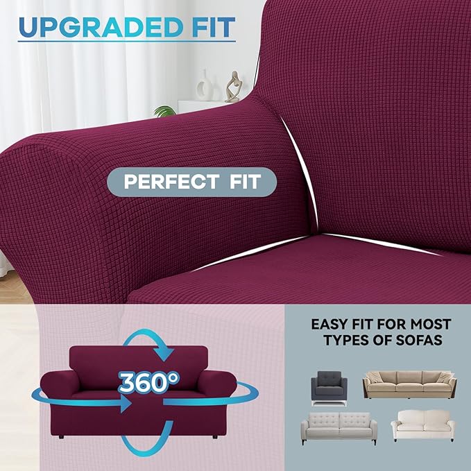 LURKA Stretch Loveseat Sofa Slipcovers 1 Piece Couch Covers for Sofa Furniture Protector Full Sofa Covers with Elastic Bottom for Kids and Dog (Medium, Wine)