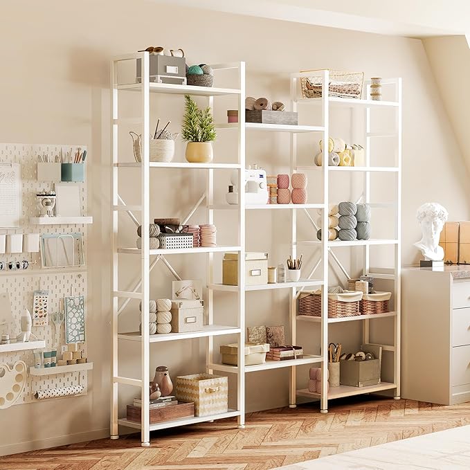 SUPERJARE Triple 5 Tier Bookshelf, Bookcase with 14 Open Display Shelves, Wide Book Shelf Book Case for Home & Office, White