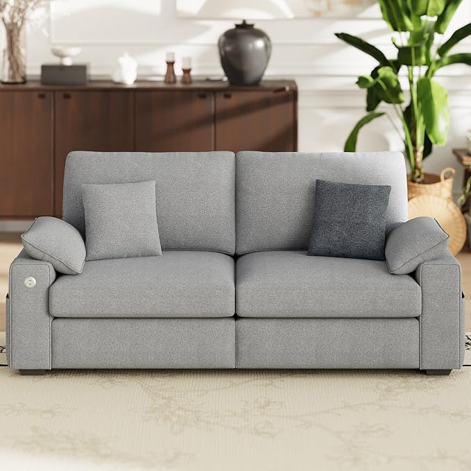 76" Loveseat Sofa, Cloud Foam Couch, 3 Seater Upholstered Midcentury Mondern Love Seat with USB Type C Ports, 4 Pillows and Flip-Open Storage Armrest for Living Room/Small Spaces, Grey