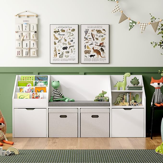 oneinmil 67" Kids Reading Nook with Bench Kids Bookshelf and Bookcase with Seat Cushion and Cube Storage Organizer Toddler Storage Cabinets Box on Wheels Children Toy Chestfor Bedroom, Nursery, White