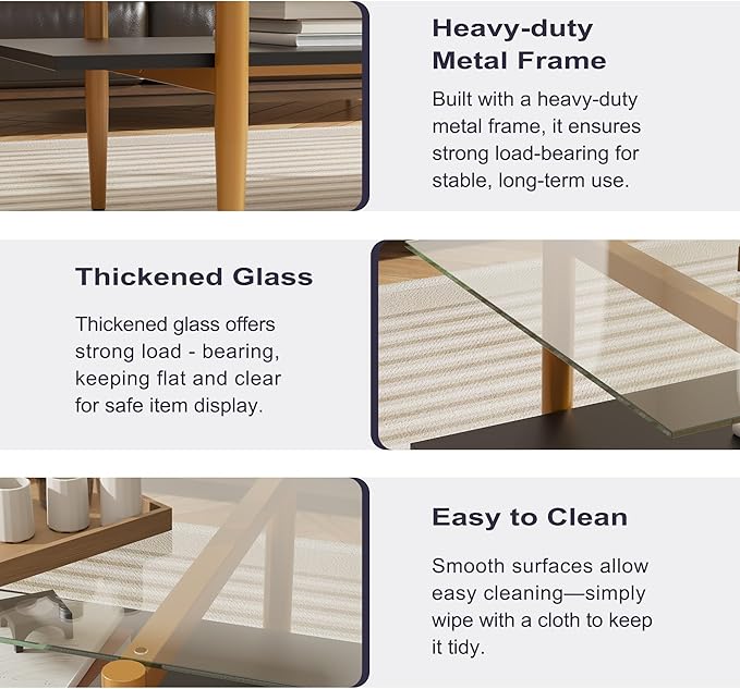 Glass Coffee Table, Rectangle Living Room Center Table with Golden Legs, Mid-Century Modern Accent Tables with Open Shelf for Living Room, Office, Black