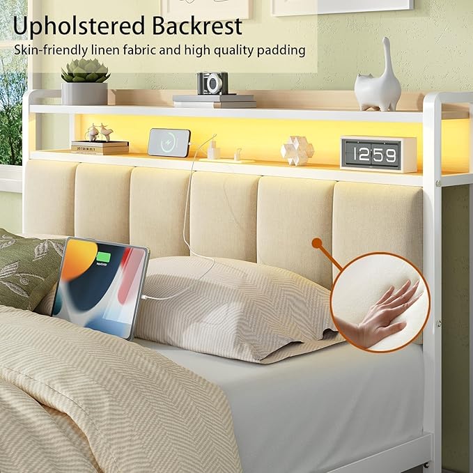 Queen Bed Frame with Charging Station and Storage Headboard, Metal Platform Bed Frame Queen Size with LED Lights, Heavy Duty Metal Slats Support, No Box Spring Needed, Easy Assembly, Beige