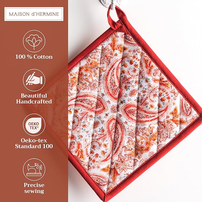 Maison d' Hermine Pot Holders Set 100% Cotton Heat Resistant Potholders 8" x 8" Hot Pads with Loop for Thanksgiving Christmas Decorations BBQ Cooking Baking Handling Hot Pans (Pack of 2, Orient)