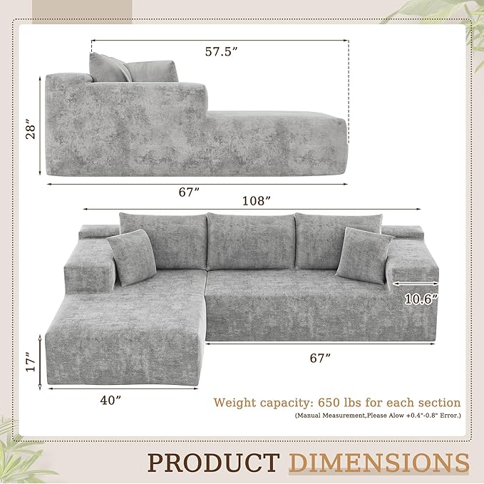 YESHOMY Sectional Couch, 108" Boneless Couches for Living Room, Modular Sectional Sofa with Deep Seat, Cloud Comfy Couch with L-Shape Chaise, No Assembly Required (Chenille, Pearl Gray)