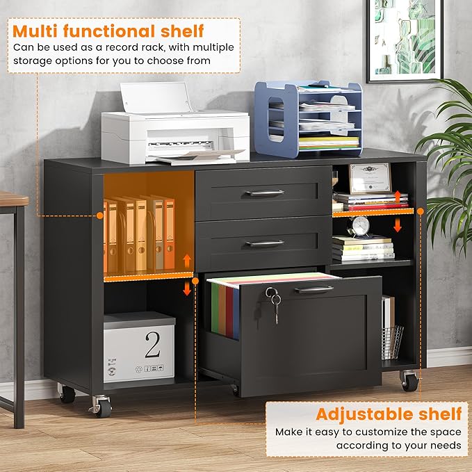 Semoic 3 Drawer Wood Lateral File Cabinet with Lock, Rolling Mobile Filing Cabinet with Open Storage Shelves, Printer Stand Office Storage Cabinet for Home Office Fits Files Legal/A4 Size, Black