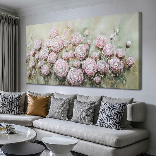 Arjun Pink Rose Wall Art Flower Canvas Painting 3D Textured Floral Silver Grey Artwork Living Room Modern Abstract Petals Tranquil Framed for Bedroom Home Office Wall Decor, Extra Large 58"x29"