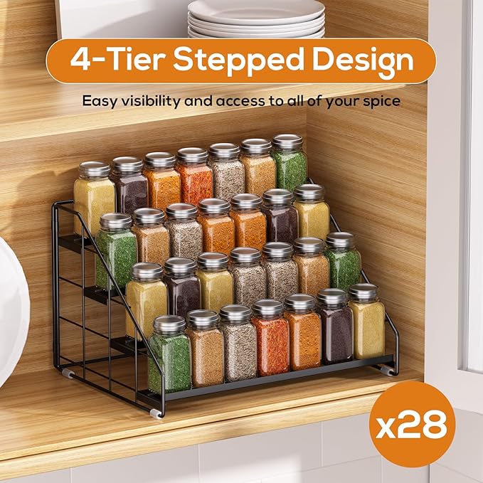 4 Tiered Spice Rack Organizer, 2 Pack Spice Rack Organizer for Cabinet, Tiered Adjustable Spice Shelf for Kitchen Countertop Pantry Organization (Carbon Black)