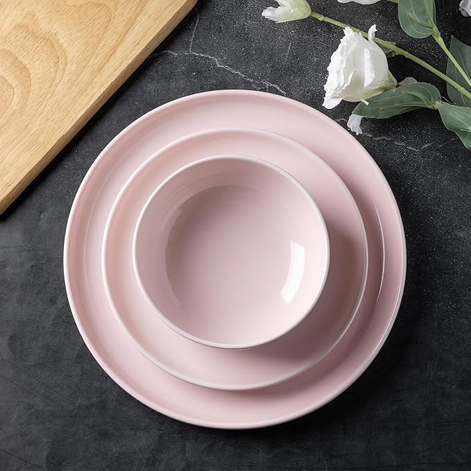AmorArc Ceramic Dinnerware Sets for 4, Pocelain Plates and Bowls Sets, Scratch Resistant Dishes Set, Dishwasher & Microwave & Oven Safe,Pink-12 pcs