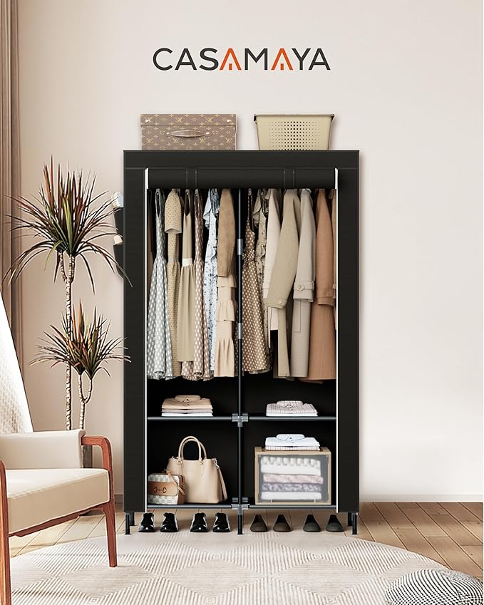 Portable Closet, 34 Inch Large Capacity Wardrobe Closet with Cover, Clothes Storage Organizer with Shelves and 2 Hanging Rods, Easy to Assembly, Black PCT202B01