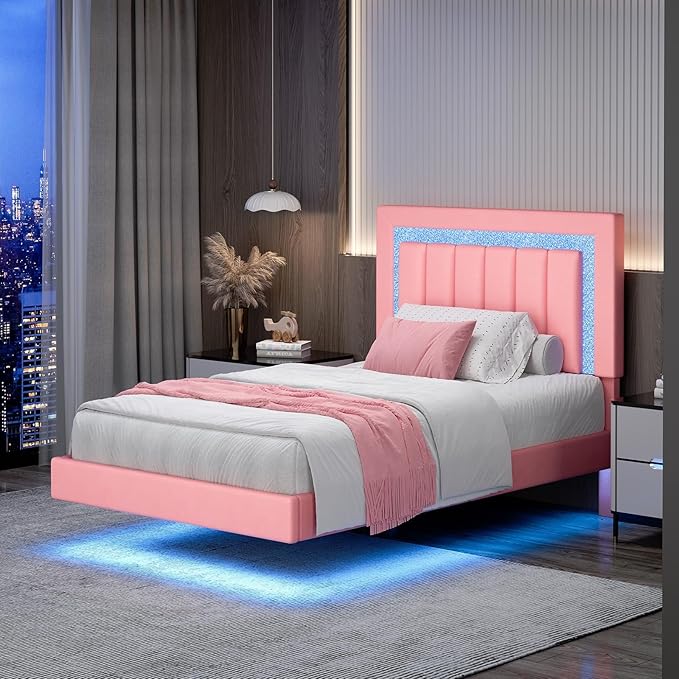 HOMBCK Floating Twin Bed Frame with Smart LED Lights, Faux Leather Upholstered Platform Bed with Diamond Headboard, No Box Spring Needed, Noise-Free, Easy Assembly, Pink