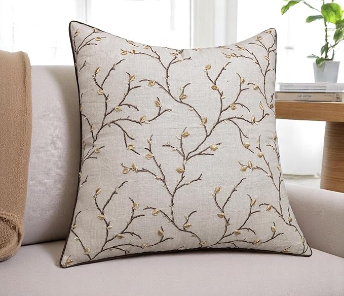 VAGMINE Embroidered Pussy Willow Throw Pillow Cover - 18x18 Inches Square - 100% Linen Natural Decorative Cushion Cover - Floral Embroidery - Cozy Farmhouse & Boho Accent for Sofa, Couch, Bedroom